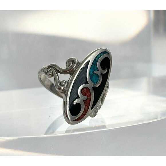 Zuni Sterling Silver Navajo Genuine Turquoise, Onyx & Coral Inlay Oval Ring - 9 - Picture 9 of 10
